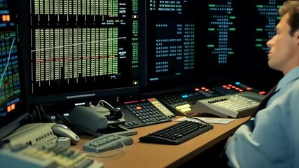 Stockbroker analyzing data on multiple screens in office at night - Powered by Adobe