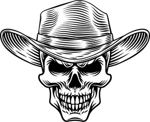 A skull sheriff wearing a cowboy hat illustration in a vintage woodcut style