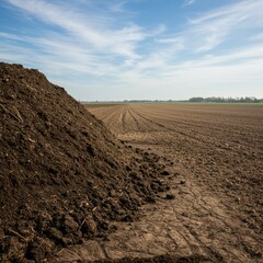 Agricultural Field with Compost Pile Under a Clear Sky: A View of Ploughed Land and Rich Soil Ready for Planting