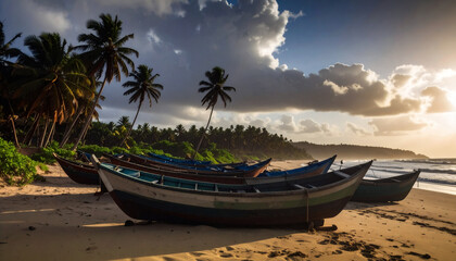 Obraz premium Sénégal, Petite-Côte, bateau de pêche, plage et palmier, en voyage en vacances
