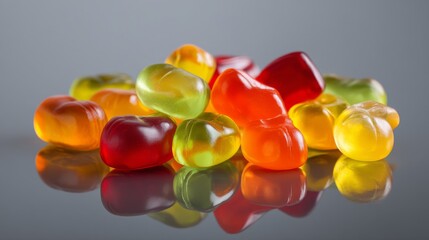Colorful gummy candies arranged attractively with reflective surface.
