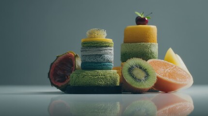 Colorful layered dessert stacked with fresh fruits, creating a vibrant and appetizing display.