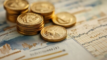A stack of coins on a financial chart.