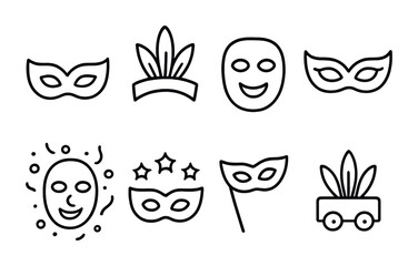 Carnival and masquerade outline icons set &ndash; linear, festival, party symbols