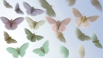 Pastel Butterflies Flying in Soft Light Against Sky Background