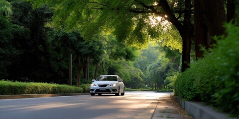 A white car is driving down a road next to a tree. The car is in the foreground and the tree is in the background