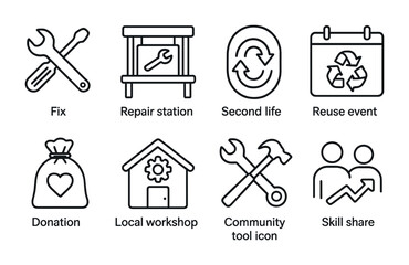 Fototapeta premium Community support outline icons set – repair, recycle, sustainability symbols