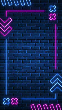 abstract neon lights border frame and arrows on blue brick wall, technology and game blank vertical social media background