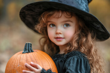 Little girl in witch costume holding a pumpkin, standing in a moonlit garden with mist swirling around her.
