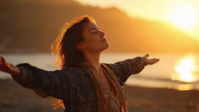 Embracing Serenity: A woman with outstretched arms, savors the tranquil essence of the golden sunset, embodies a sense of peace and introspection, embodying a state of zen.