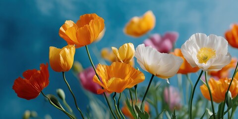 Obraz premium A field of flowers with a blue sky in the background. The flowers are of various colors, including orange, pink, and white. Concept of beauty and tranquility