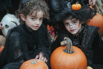 children dressed as witches sit on pumpkins in a spooky Halloween scene.