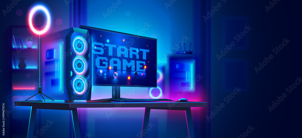 Fototapete Powerful gaming computer on the table with the inscription the start game on the monitor. Gaming computer in an empty dark room in neon light. Nobody at the computer. Desktop PC for video game.