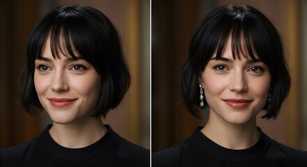 Portrait of Brunette Woman with Bob Haircut and Bangs, Two Variations with and without Pearl Earrings