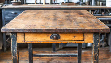 Fototapeta premium Rustic wooden workbench table with aged weathered surface and drawer perfect for workshop or vintage design.