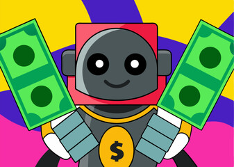 Funny cartoon robot animal character celebrates a happy birthday party with playful design art