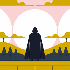 Desert mountain landscape at sunrise with a silhouetted man, trees, and an orange sky