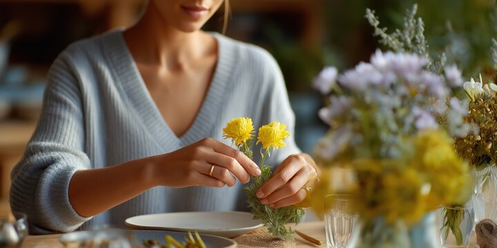A woman is sitting at a table with a vase of flowers in front of her. She is holding a yellow flower in her hand and she is arranging it. The table setting includes a white plate, a fork, and a knife