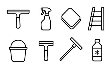 Obraz premium Cleaning tools line icons set – outline, linear, maintenance and hygiene essentials