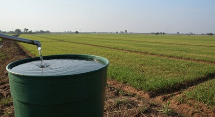 Obraz premium Irrigation System Filling Water Barrel in Lush Green Paddy Field Agricultural Scene