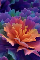 A colorful flower with a purple center and orange petals. The flower is surrounded by a blue background