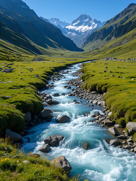 Mountain river in the mountains. The beautiful river flowing between alpine meadows in the lap of Himalaya, Parvati valley, trek to Hamta Pass, 4270 m in Parvati valley in Himalaya, India.