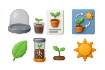 Cute plant growth icons with sun and seedling symbols for gardening