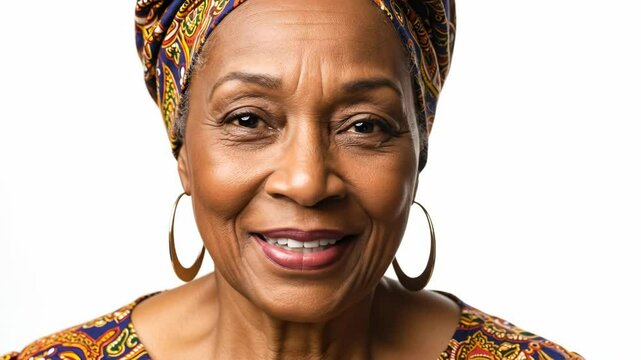 Close up portrait of a happy black woman smiling wearing a colorful headwrap and earrings celebrating Juneteenth, freedom day, black history and emancipation, footage.