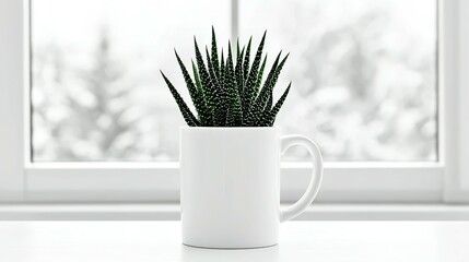 Small succulent plant in a white mug on a windowsill.