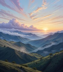 Misty mountains glow at sunrise