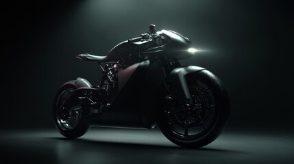 Fototapeta premium Sleek black motorcycle in spotlight, showcasing modern design and engineering excellence.