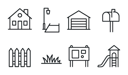 Fototapeta premium Home and neighborhood outline icons set – flat, line, residential design symbols