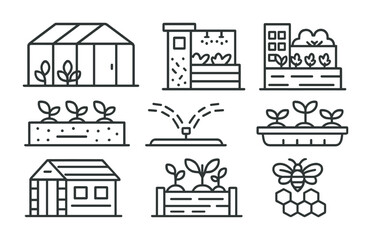Fototapeta premium Urban gardening line icons set – outline, linear, city farming and plant care