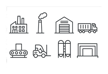 Industrial and factory line icons set &ndash; outline, linear, logistics and manufacturing symbols
