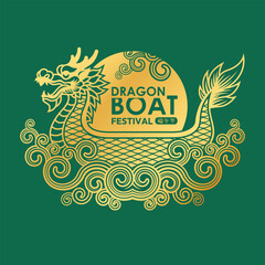 Fototapeta na wymiar Dragon boat festival - Text on Gold circle and china dragon boat symbol on line water curve waving on green background vector design china word mean dragon boat festival
