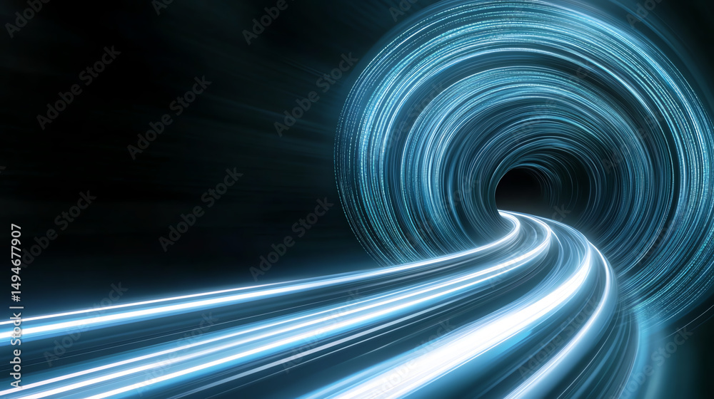 Poster A dynamic light tunnel with flowing beams creating a sense of speed and movement in a technological environment.