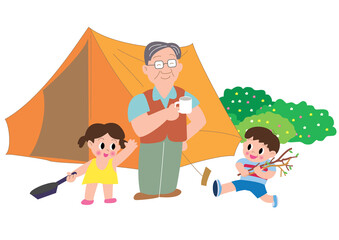キャンプでコーヒーカップを持つお父さんと子供たち

