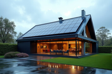 Naklejka premium Modern Solar Powered House, Eco Friendly Sustainable Architecture, Clean Energy Living