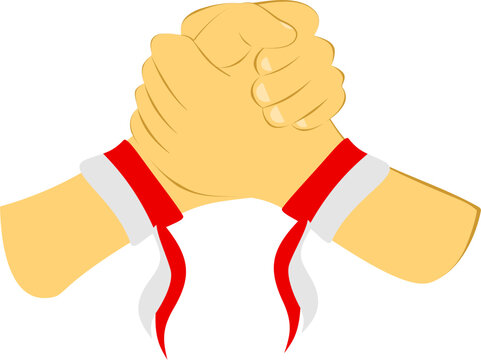 A flat illustration of two hands clasping each other in a handshake, adorned with red and white ribbons, symbolizing the spirit of independence day. Perfect for celebrating freedom, unity, and the Ind