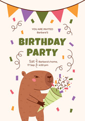 Universal design of children's birthday invitation with hand drawn capybara with clapper, firework, confetti. Cute flat style vector illustration in for party.