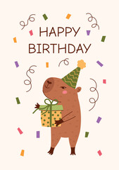 Capy birthday greeting card with cute capybara mascot with gift box and party hat. Vector childish flat poster, postcard, label for party, scrapbooking, print, media.