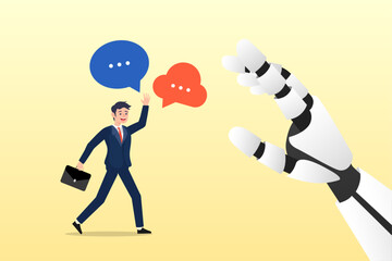 Robot hand reject or deny employee request, rejection, decline or refuse in conversation, say no or disapprove, disagreement, deny request or manager decision authority, work conflict concept