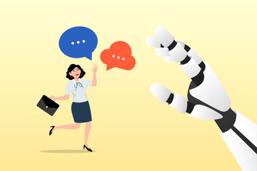 Robot hand reject or deny employee request, rejection, decline or refuse in conversation, say no or disapprove, disagreement, deny request or manager decision authority, work conflict concept