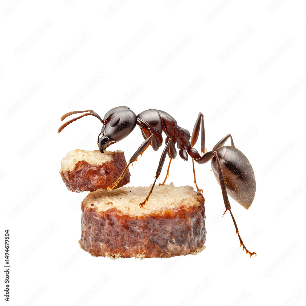 Poster ant carrying food on piece of bread, showcasing its strength and determination. this close up image 