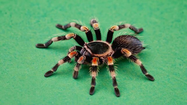 Colorful tarantula on green surface