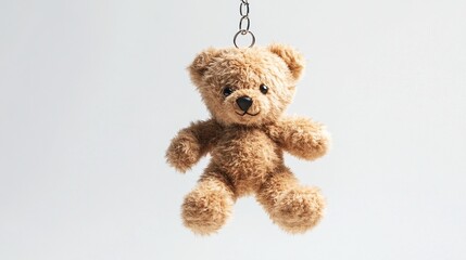 A small, light brown teddy bear keychain hangs from a silver chain against a plain white background.  Its simple features and slightly worn fur suggest a well-loved, possibly vintage, item
