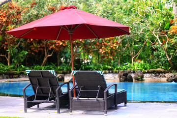 Tropical beach view, beach furniture deck chairs in the southern landscape of vacation