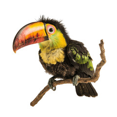 Obraz premium colorful toucan perched on branch, showcasing its vibrant beak and feathers. This exotic bird is symbol of tropical wildlife and adds lively touch to any setting
