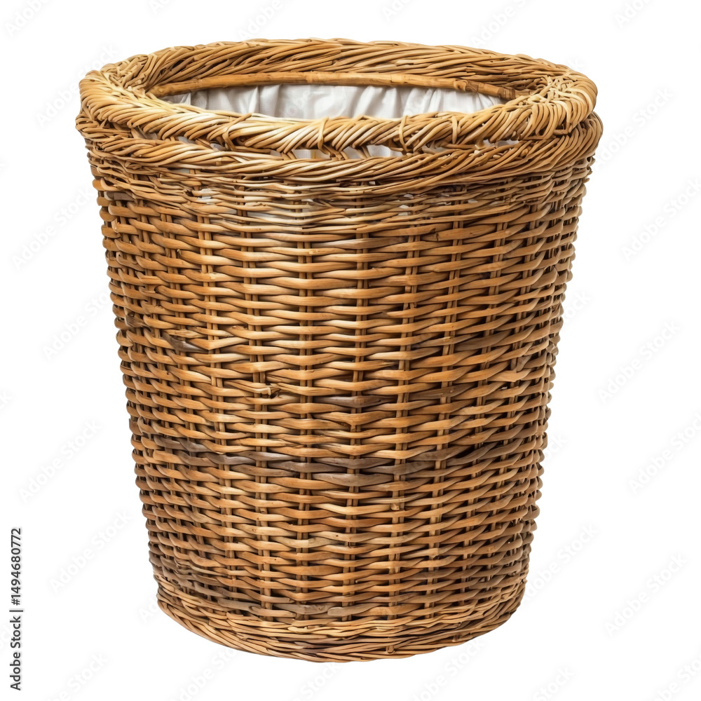 Poster woven wicker basket with round shape and fabric liner, perfect for storage or decor. its natural tex