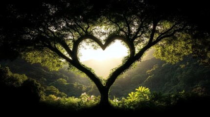 Fototapeta premium Tropical jungle heart-shaped tree surrounded by lush leaves nature's serenity at dawn